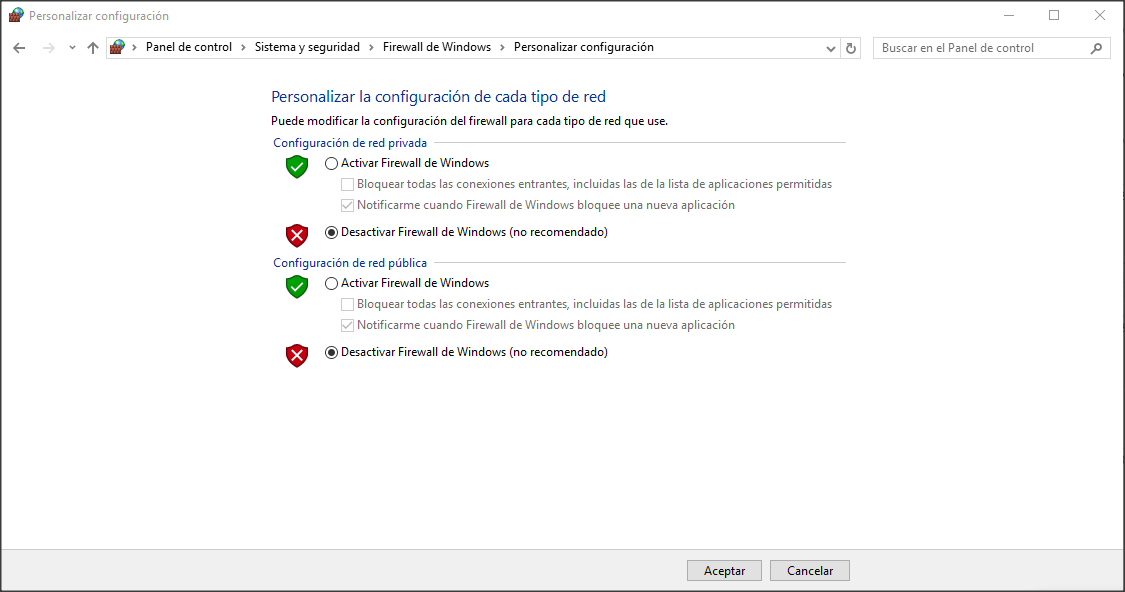 Desactivar Firewall