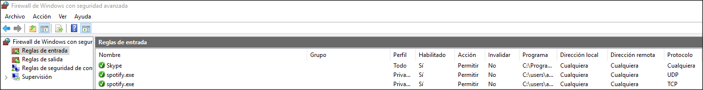 Reglas permitidas Firewall de Windows