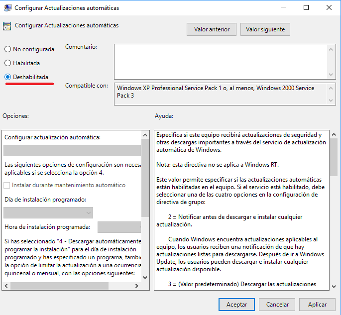 deshabilitar configurar actualizaciones automaticas